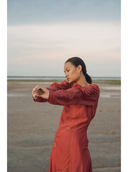 Red Embroidered Midi Dress by The Loom Art with Cotton Silk, July Sale, July Sale 2023, Midi Dresses, Natural, Party Wear, Red, Regular Fit, Serendipity by The Loom Art, Solids, Womenswear at Kamakhyaa for sustainable fashion