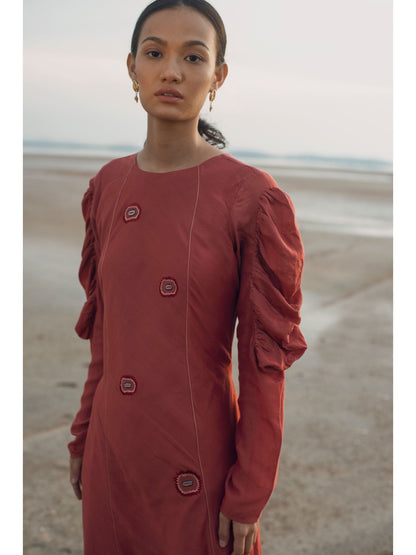 Red Embroidered Midi Dress by The Loom Art with Cotton Silk, July Sale, July Sale 2023, Midi Dresses, Natural, Party Wear, Red, Regular Fit, Serendipity by The Loom Art, Solids, Womenswear at Kamakhyaa for sustainable fashion