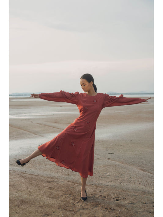 Red Embroidered Midi Dress by The Loom Art with Cotton Silk, July Sale, July Sale 2023, Midi Dresses, Natural, Party Wear, Red, Regular Fit, Serendipity by The Loom Art, Solids, Womenswear at Kamakhyaa for sustainable fashion