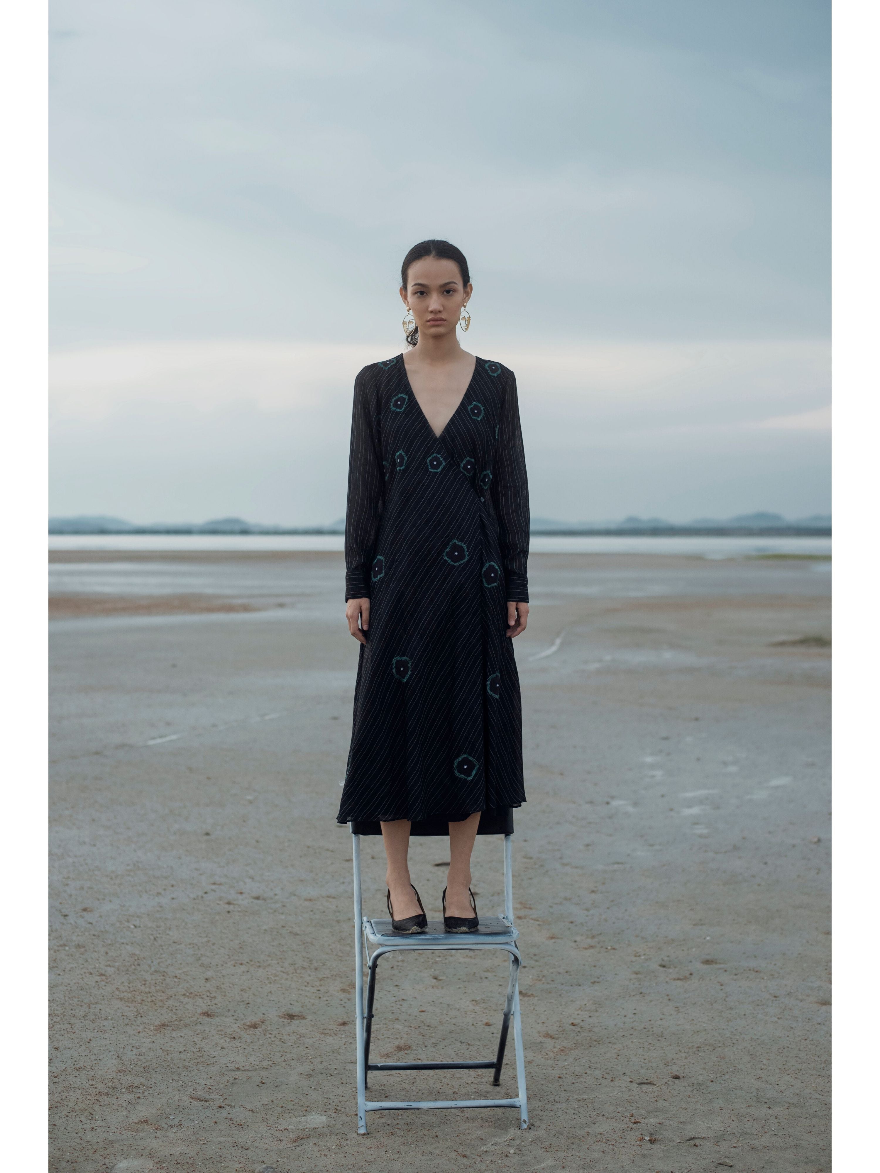 Black Embroidered Midi Dress by The Loom Art with Black, Handwoven silk, July Sale, July Sale 2023, Midi Dresses, Natural, Party Wear, Prints, Regular Fit, Serendipity by The Loom Art, Womenswear at Kamakhyaa for sustainable fashion