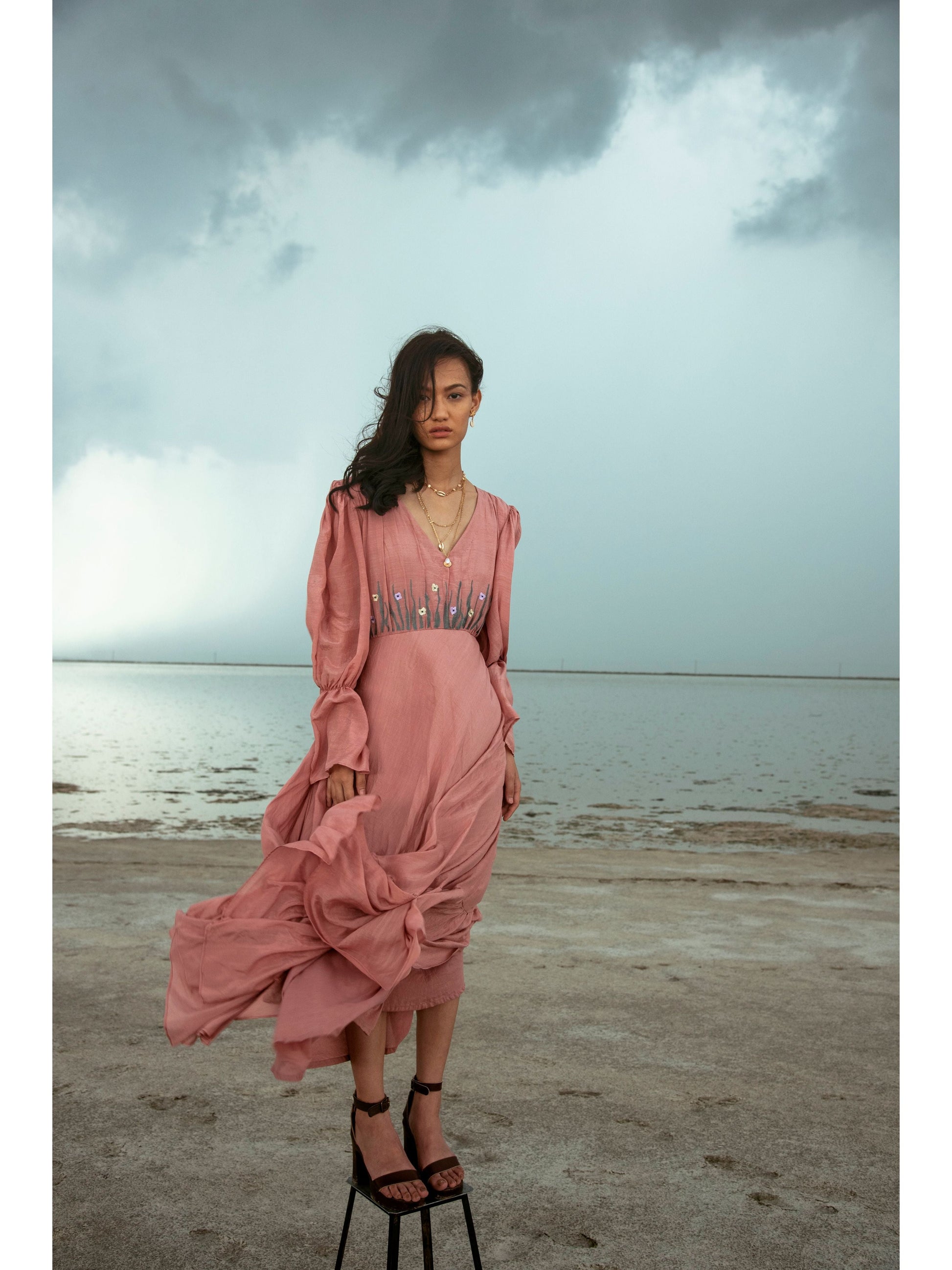 Rouge Coral Dress Cotton Silk, Maxi Dresses, Natural, Pink, Regular Fit, Serendipity Kamakhyaa