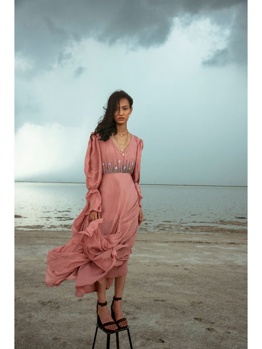 Pink Embroidered Maxi Dress by The Loom Art with Cotton Silk, July Sale, July Sale 2023, Maxi Dresses, Natural, Party Wear, Pink, Regular Fit, Serendipity by The Loom Art, Solid Selfmade, Solids, Womenswear at Kamakhyaa for sustainable fashion