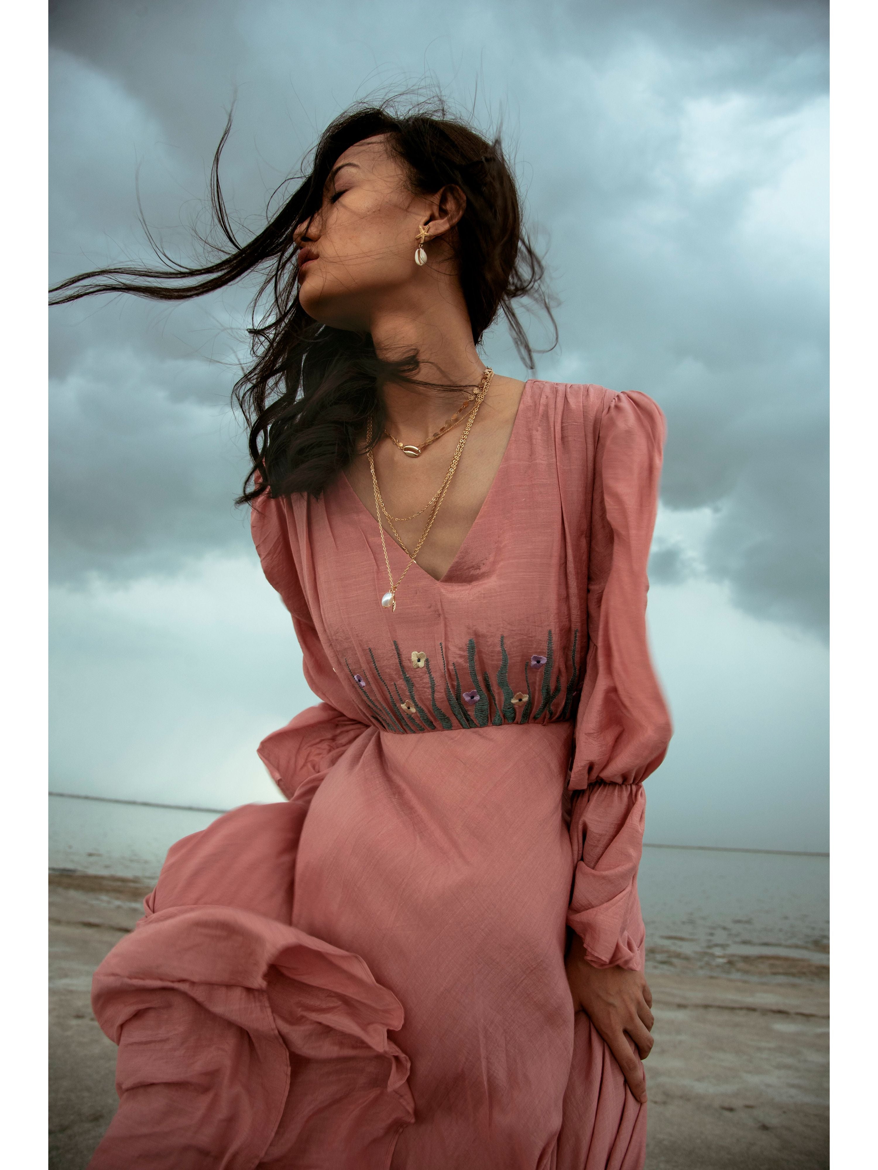 Pink Embroidered Maxi Dress by The Loom Art with Cotton Silk, July Sale, July Sale 2023, Maxi Dresses, Natural, Party Wear, Pink, Regular Fit, Serendipity by The Loom Art, Solid Selfmade, Solids, Womenswear at Kamakhyaa for sustainable fashion