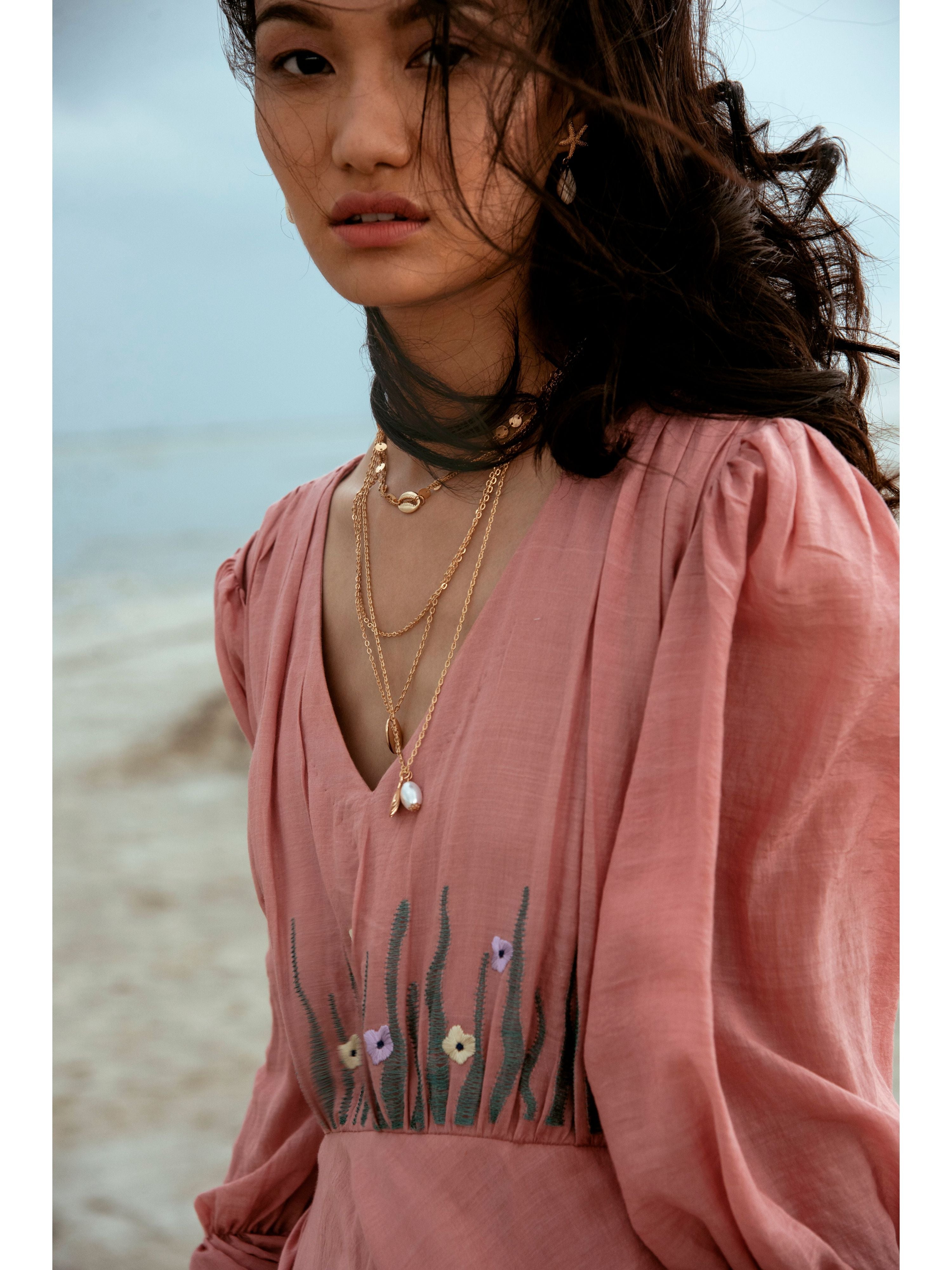 Pink Embroidered Maxi Dress by The Loom Art with Cotton Silk, July Sale, July Sale 2023, Maxi Dresses, Natural, Party Wear, Pink, Regular Fit, Serendipity by The Loom Art, Solid Selfmade, Solids, Womenswear at Kamakhyaa for sustainable fashion