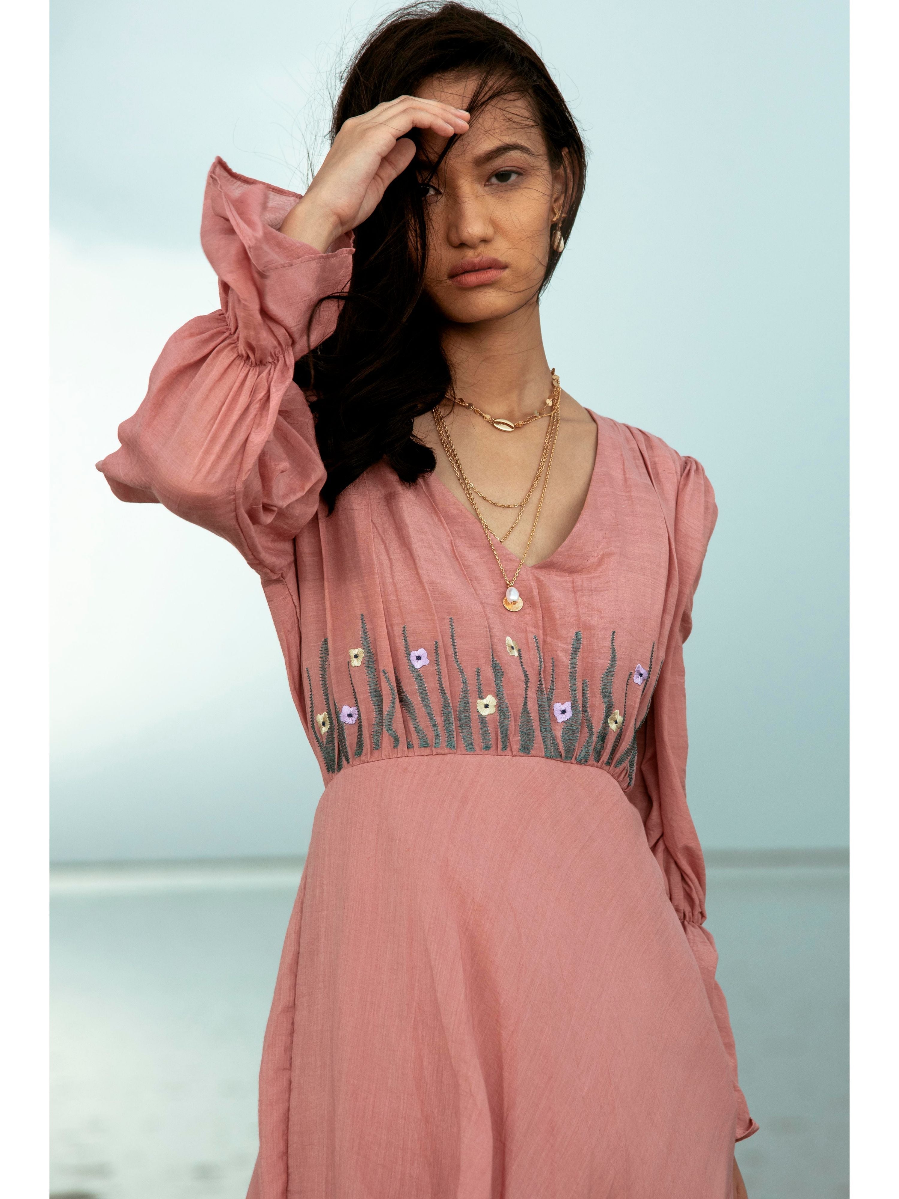 Pink Embroidered Maxi Dress by The Loom Art with Cotton Silk, July Sale, July Sale 2023, Maxi Dresses, Natural, Party Wear, Pink, Regular Fit, Serendipity by The Loom Art, Solid Selfmade, Solids, Womenswear at Kamakhyaa for sustainable fashion