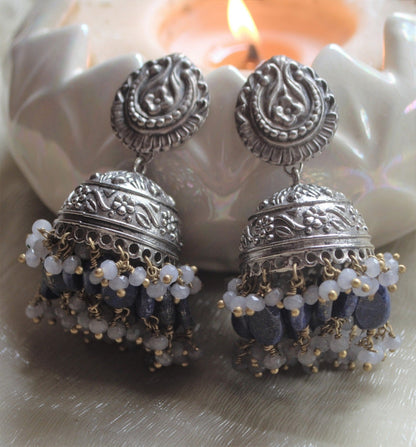 Blue Jhumkas Lapis by House Of Heer with Alloy Metal, Beaded Jewellery, Blue, Festive Jewellery, Festive Wear, Free Size, Gemstone, jewelry, Jhumkas, July Sale, July Sale 2023, Natural, Solids at Kamakhyaa for sustainable fashion