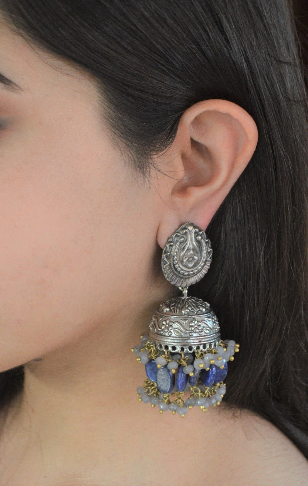 Blue Jhumkas Lapis by House Of Heer with Alloy Metal, Beaded Jewellery, Blue, Festive Jewellery, Festive Wear, Free Size, Gemstone, jewelry, Jhumkas, July Sale, July Sale 2023, Natural, Solids at Kamakhyaa for sustainable fashion