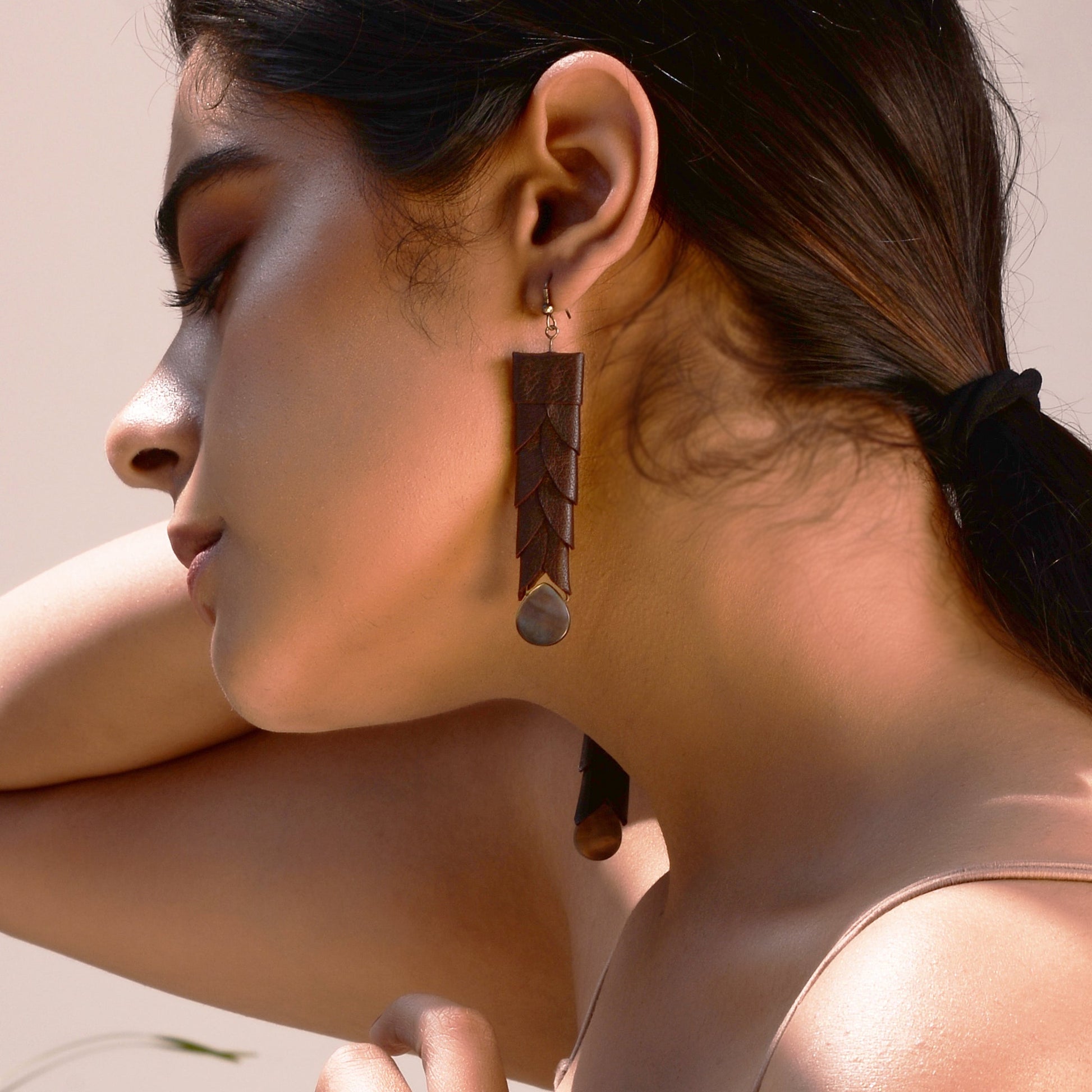 Long Earrings-Reve at Kamakhyaa by Noupelle. This item is Black, Casual Wear, Fashion Jewellery, Free Size, jewelry, Less than $50, Long Earrings, Natural, Upcycled, Upcycled leather