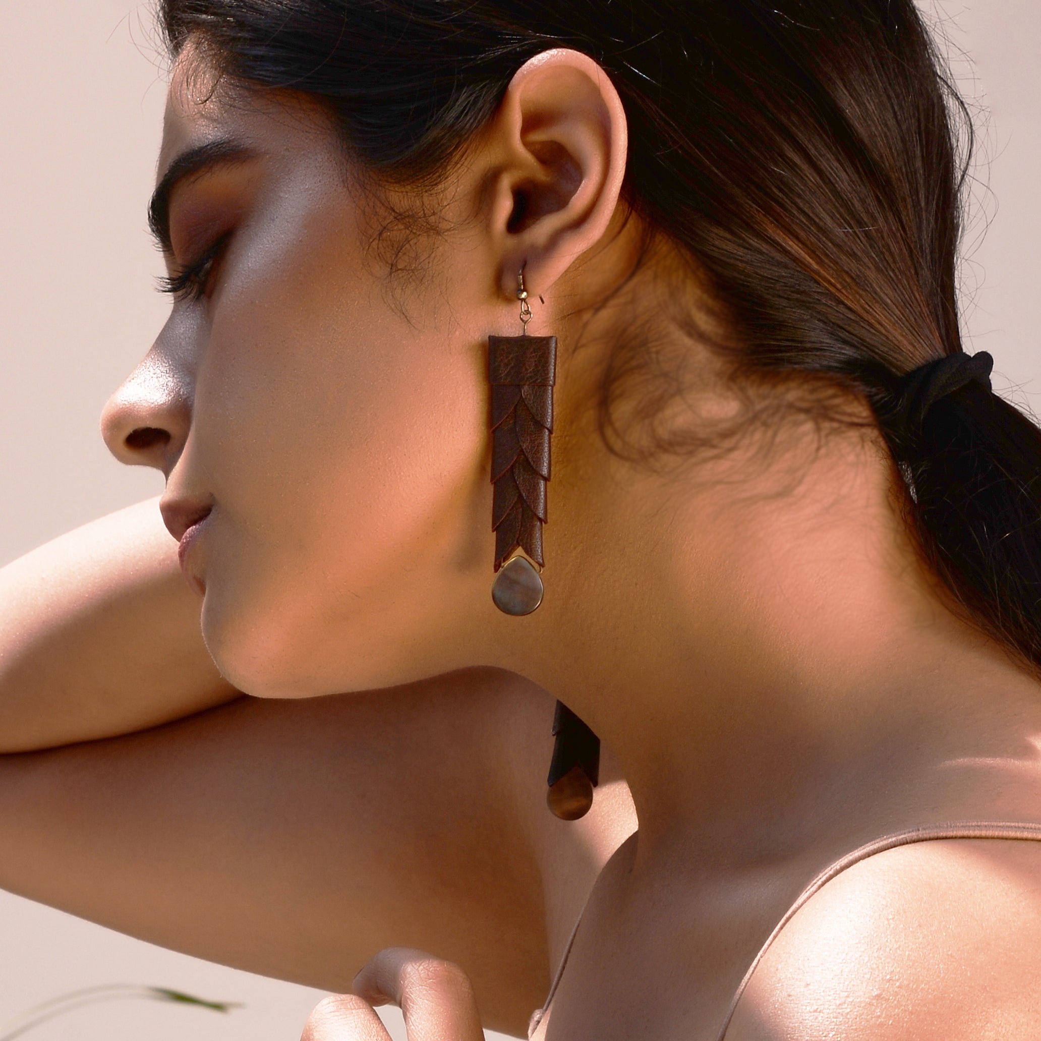 Long Earrings-Reve by Noupelle with Black, Casual Wear, Fashion Jewellery, Free Size, Less than $50, Long Earrings, Upcycled, Upcycled from Leather Waste, Women Led Designer at Kamakhyaa for sustainable fashion