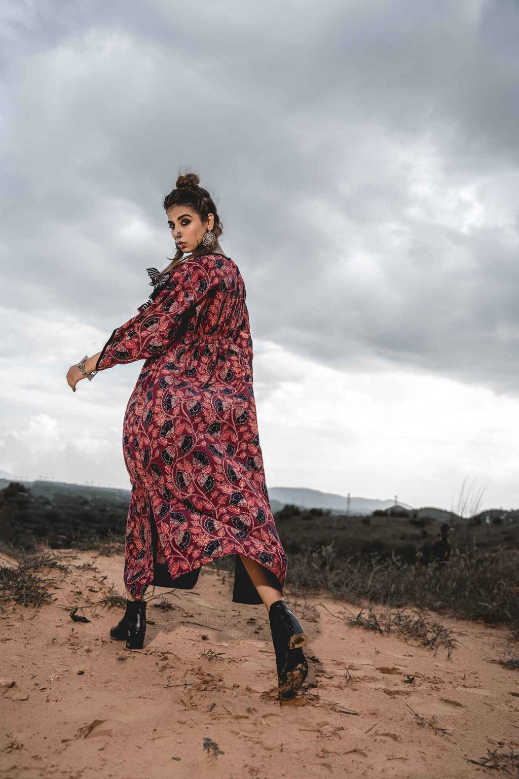 Long Block Print Kaftan Dress by Keva with Block Prints, Cotton, Kaftan Dresses, Kaftans, Maxi Dresses, Midi Dresses, Natural, Red, Relaxed Fit, Wild Child, Womenswear at Kamakhyaa for sustainable fashion