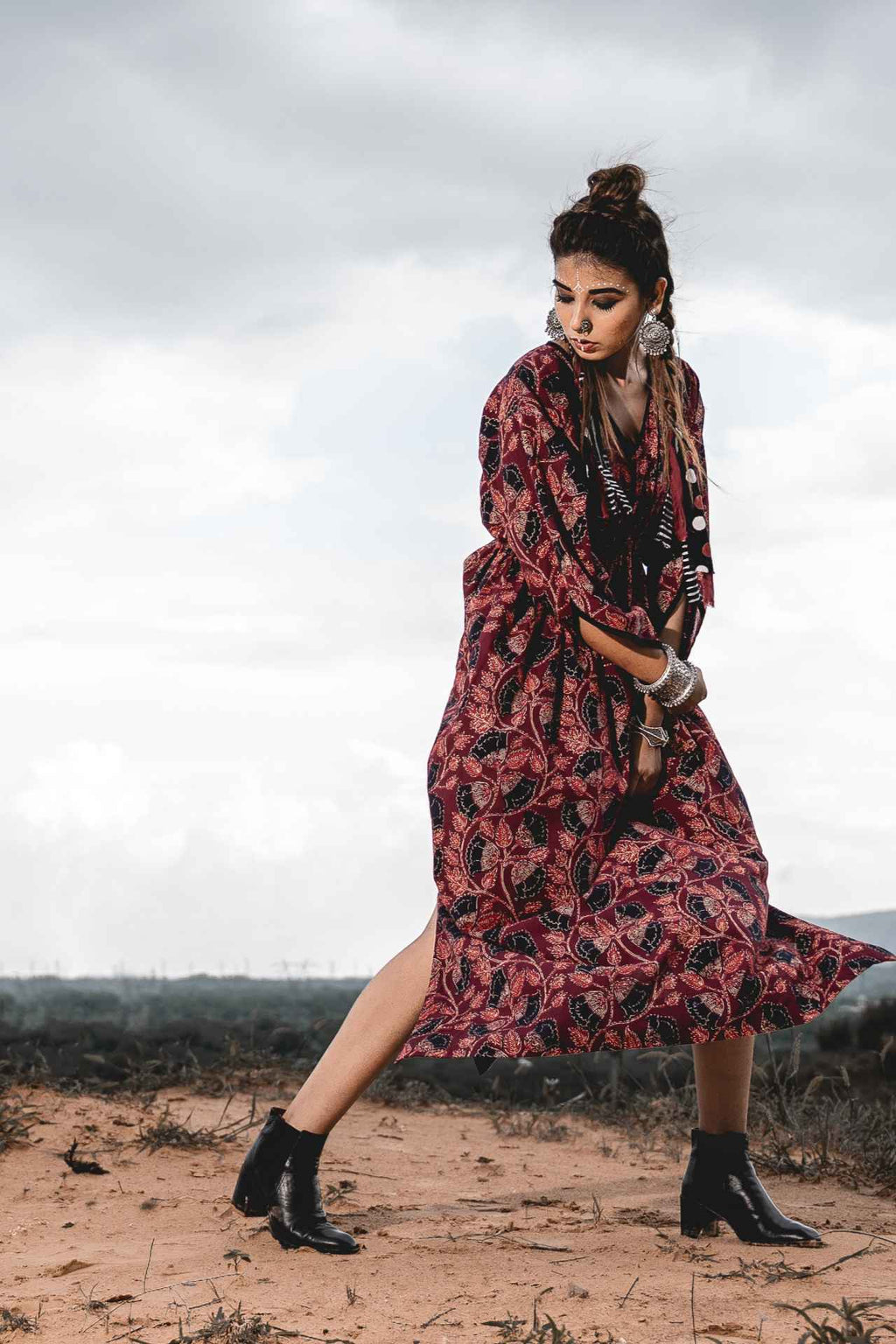 Long Block Print Kaftan Dress by Keva with Block Prints, Cotton, Kaftan Dresses, Kaftans, Maxi Dresses, Midi Dresses, Natural, Red, Relaxed Fit, Wild Child, Womenswear at Kamakhyaa for sustainable fashion