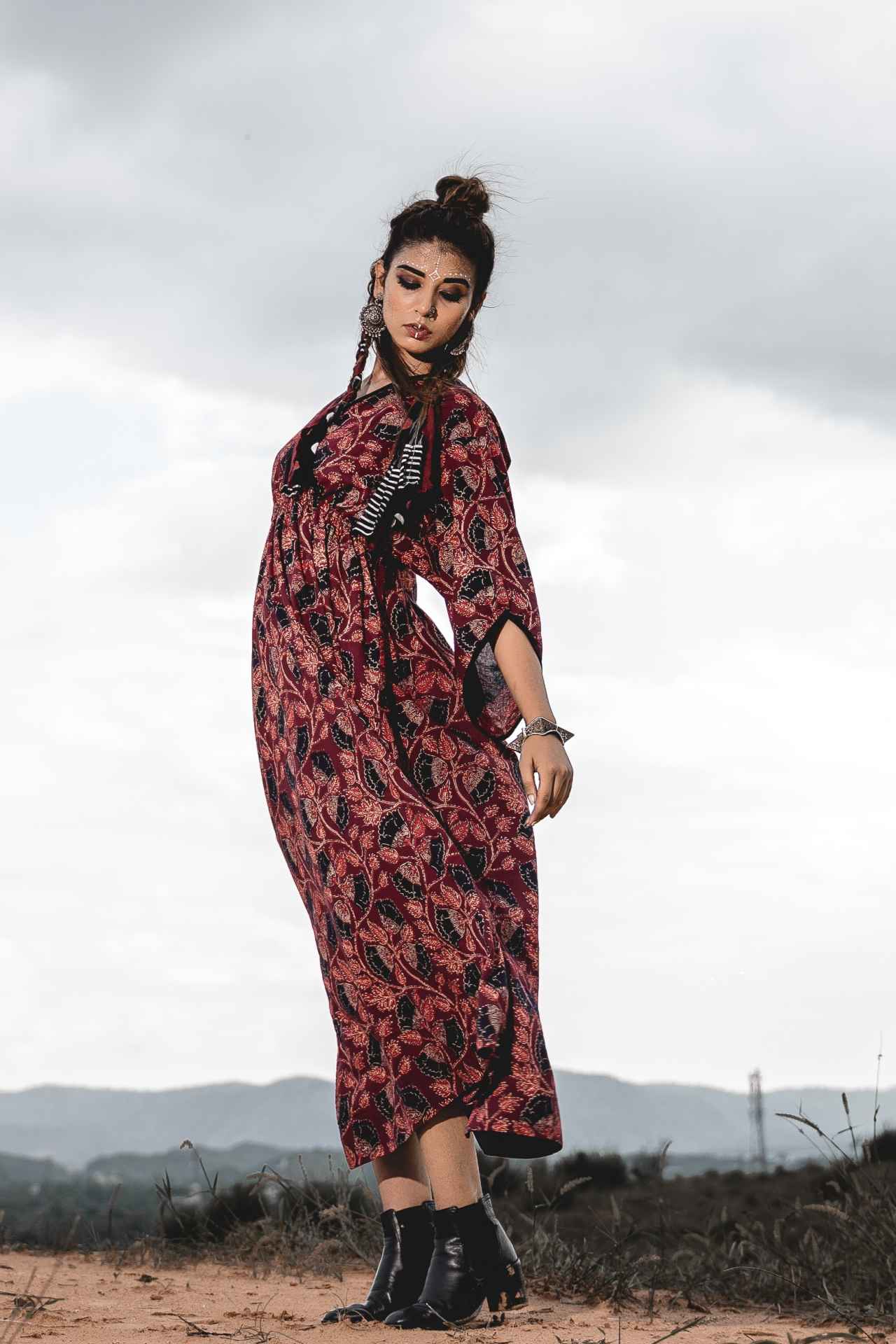 Long Block Print Kaftan Dress by Keva with Block Prints, Cotton, Kaftan Dresses, Kaftans, Maxi Dresses, Midi Dresses, Natural, Red, Relaxed Fit, Wild Child, Womenswear at Kamakhyaa for sustainable fashion