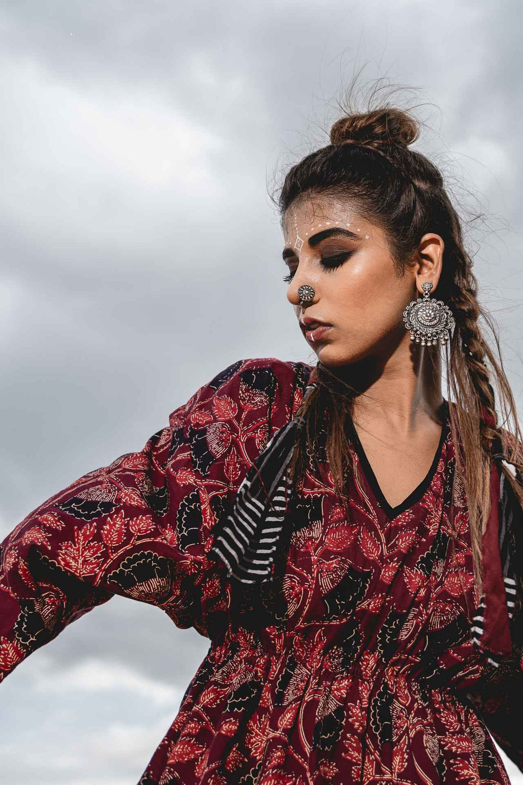 Long Block Print Kaftan Dress by Keva with Block Prints, Cotton, Kaftan Dresses, Kaftans, Maxi Dresses, Midi Dresses, Natural, Red, Relaxed Fit, Wild Child, Womenswear at Kamakhyaa for sustainable fashion