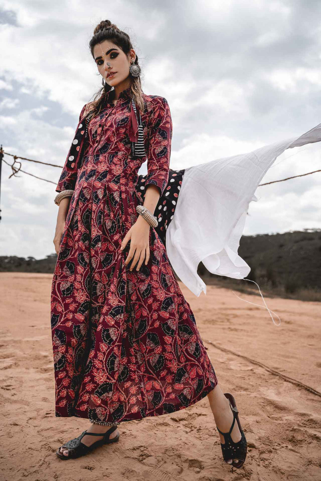 Block Print Long Shirt Dress by Keva with Block Prints, Cotton, Maxi Dresses, Natural, Red, Relaxed Fit, Resort Wear, Wild Child, Womenswear at Kamakhyaa for sustainable fashion