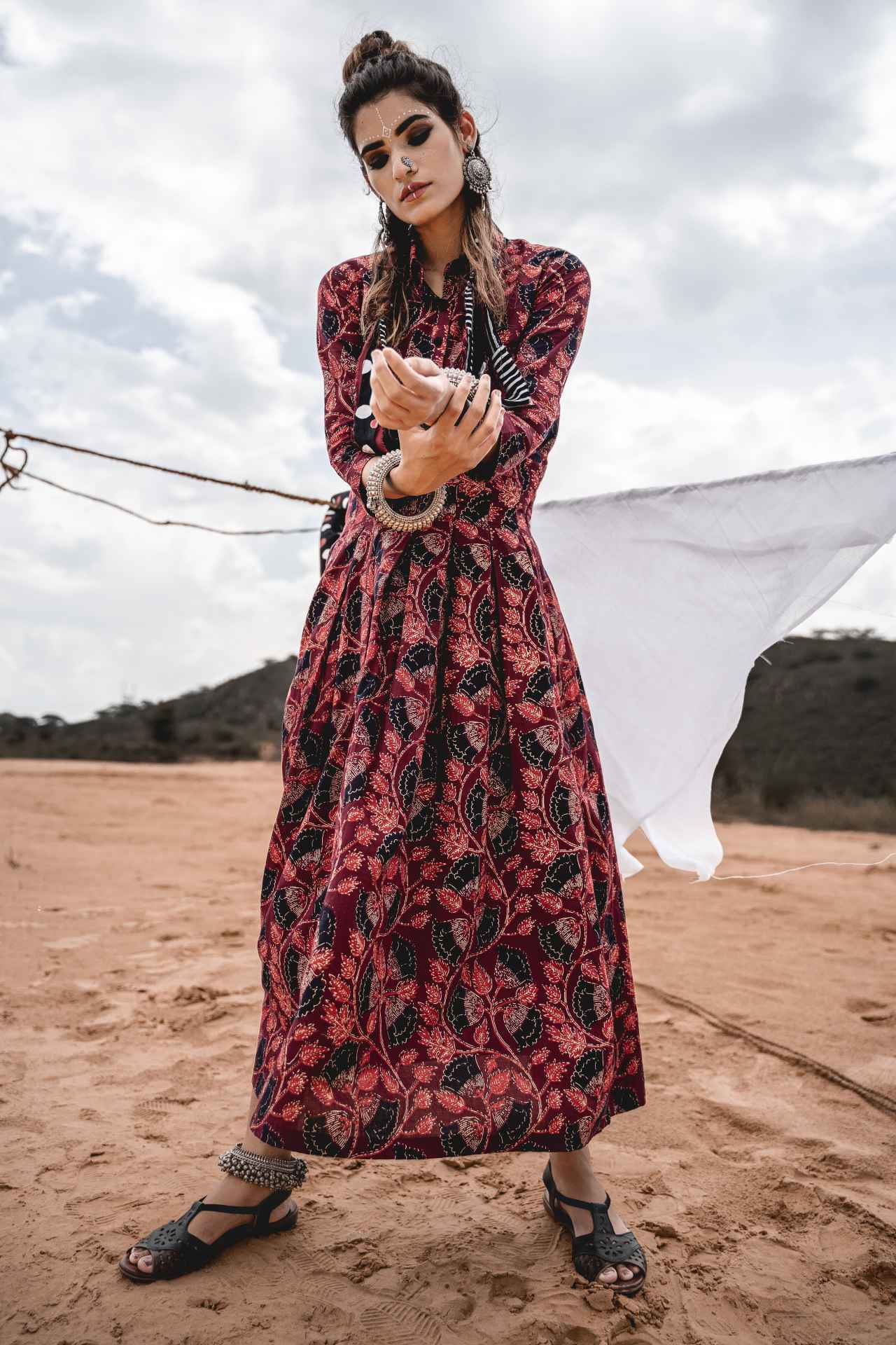 Block Print Long Shirt Dress by Keva with Block Prints, Cotton, Maxi Dresses, Natural, Red, Relaxed Fit, Resort Wear, Wild Child, Womenswear at Kamakhyaa for sustainable fashion