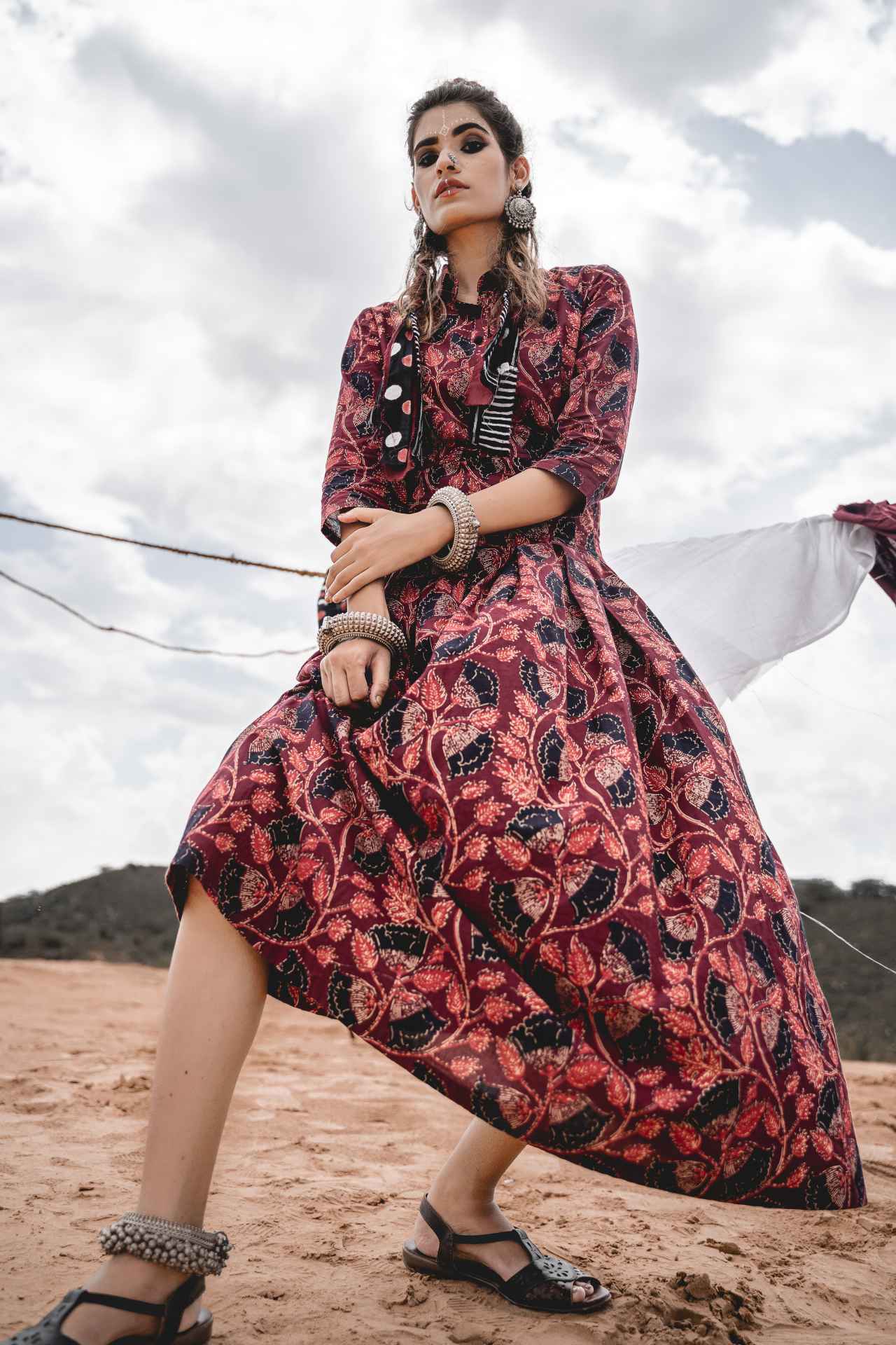 Block Print Long Shirt Dress by Keva with Block Prints, Cotton, Maxi Dresses, Natural, Red, Relaxed Fit, Resort Wear, Wild Child, Womenswear at Kamakhyaa for sustainable fashion