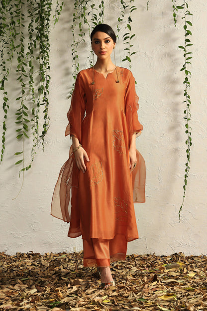 Orange Side Gathered Kurta Set of 3 by Charkhee with Best Selling, Chanderi Silk, Cotton, Embroidered, Evening Wear, Festive Wear, Kurta Pant Sets, Kurta Set with Dupattas, Mulberry by Charkhee, Natural, Orange, Organza, Regular Fit, Solids, Womenswear at Kamakhyaa for sustainable fashion