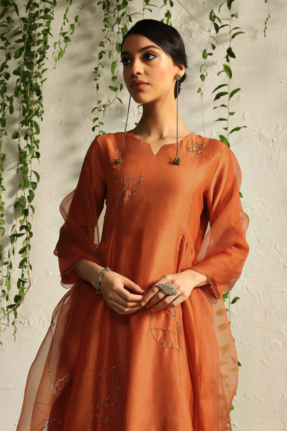 Orange Side Gathered Kurta Set of 3 by Charkhee with Best Selling, Chanderi Silk, Cotton, Embroidered, Evening Wear, Festive Wear, Kurta Pant Sets, Kurta Set with Dupattas, Mulberry by Charkhee, Natural, Orange, Organza, Regular Fit, Solids, Womenswear at Kamakhyaa for sustainable fashion