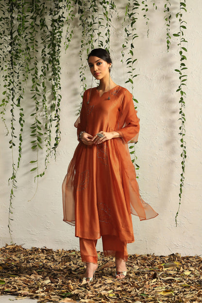 Orange Side Gathered Kurta Set of 3 by Charkhee with Best Selling, Chanderi Silk, Cotton, Embroidered, Evening Wear, Festive Wear, Kurta Pant Sets, Kurta Set with Dupattas, Mulberry by Charkhee, Natural, Orange, Organza, Regular Fit, Solids, Womenswear at Kamakhyaa for sustainable fashion