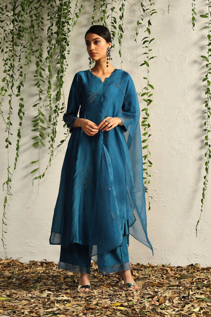 Blue Side Gathered Kurta Set of 3 by Charkhee with Blue, Chanderi Silk, Cotton, Embroidered, Evening Wear, Festive Wear, Kurta Pant Sets, Kurta Set with Dupattas, Mulberry by Charkhee, Natural, Organza, Regular Fit, Solids, Womenswear at Kamakhyaa for sustainable fashion