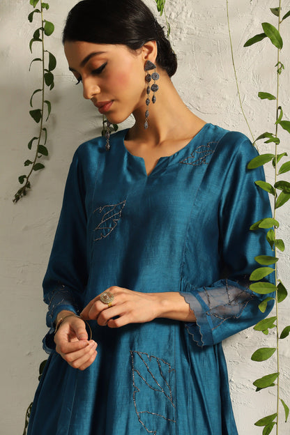 Blue Side Gathered Kurta Set of 3 by Charkhee with Blue, Chanderi Silk, Cotton, Embroidered, Evening Wear, Festive Wear, Kurta Pant Sets, Kurta Set with Dupattas, Mulberry by Charkhee, Natural, Organza, Regular Fit, Solids, Womenswear at Kamakhyaa for sustainable fashion