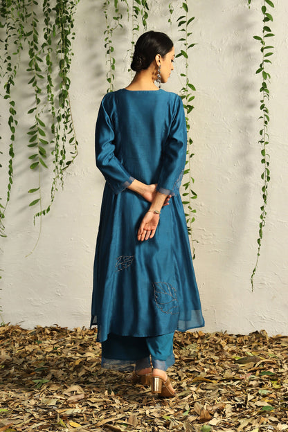 Blue Side Gathered Kurta Set of 3 by Charkhee with Blue, Chanderi Silk, Cotton, Embroidered, Evening Wear, Festive Wear, Kurta Pant Sets, Kurta Set with Dupattas, Mulberry by Charkhee, Natural, Organza, Regular Fit, Solids, Womenswear at Kamakhyaa for sustainable fashion