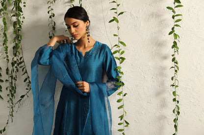 Blue Side Gathered Kurta Set of 3 by Charkhee with Blue, Chanderi Silk, Cotton, Embroidered, Evening Wear, Festive Wear, Kurta Pant Sets, Kurta Set with Dupattas, Mulberry by Charkhee, Natural, Organza, Regular Fit, Solids, Womenswear at Kamakhyaa for sustainable fashion