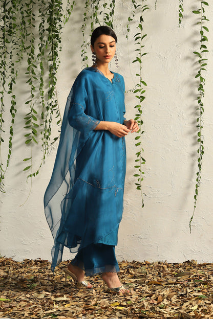 Blue Side Gathered Kurta Set of 3 by Charkhee with Blue, Chanderi Silk, Cotton, Embroidered, Evening Wear, Festive Wear, Kurta Pant Sets, Kurta Set with Dupattas, Mulberry by Charkhee, Natural, Organza, Regular Fit, Solids, Womenswear at Kamakhyaa for sustainable fashion