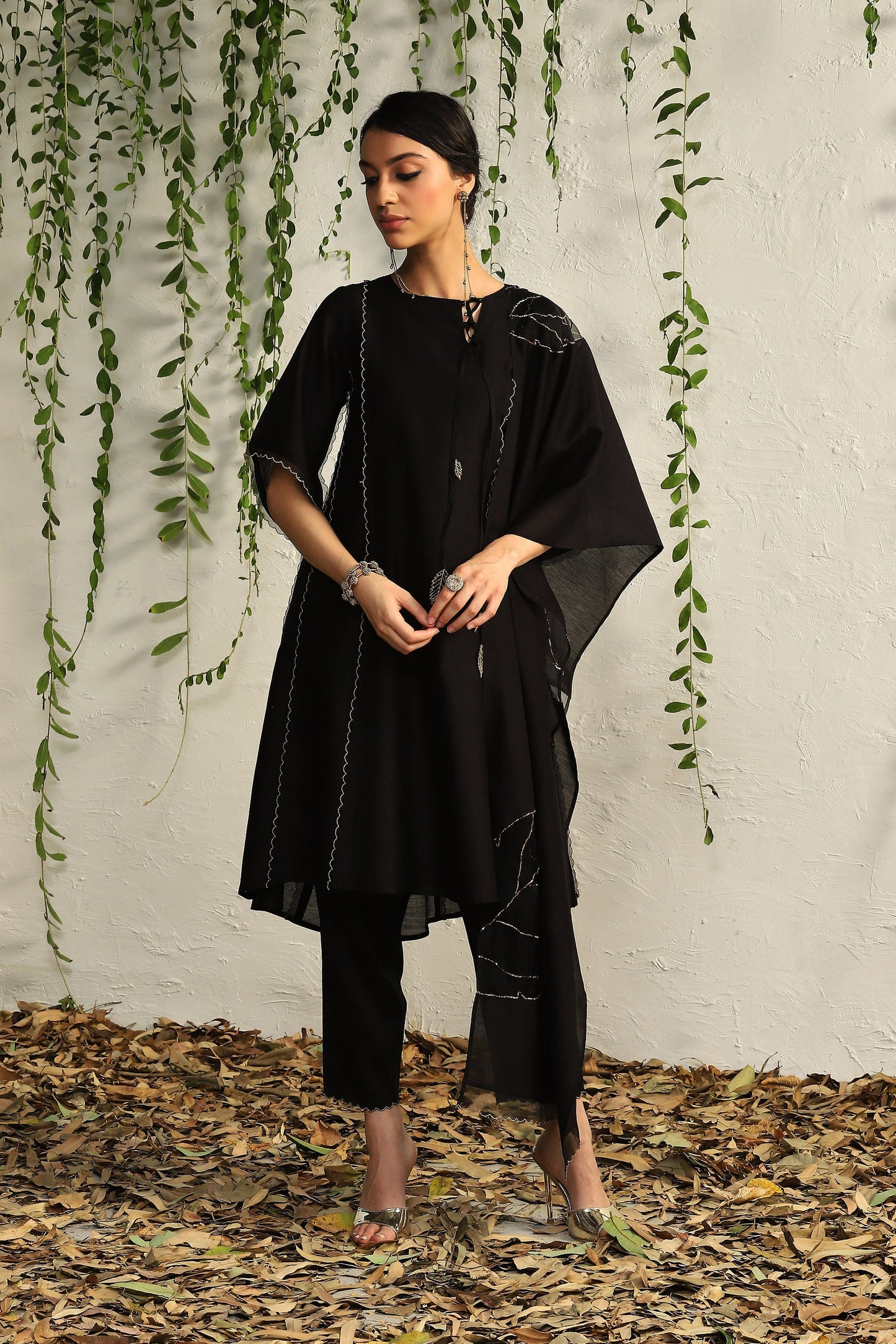 Black Chanderi Tie-Up Kurta set of 3 by Charkhee with Best Selling, Black, Chanderi Silk, Cotton, Embroidered, Evening Wear, Festive Wear, Kurta Pant Sets, Kurta Set with Dupattas, Mulberry by Charkhee, Natural, Organza, Regular Fit, Solids, Womenswear at Kamakhyaa for sustainable fashion