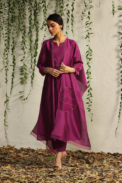 Pink Chanderi Flowy Kurta Set of 3 by Charkhee with Chanderi Silk, Cotton, Embroidered, Evening Wear, Festive Wear, Kurta Pant Sets, Kurta Set with Dupattas, Mulberry by Charkhee, Natural, Organza, Pink, Regular Fit, Solids, Womenswear at Kamakhyaa for sustainable fashion