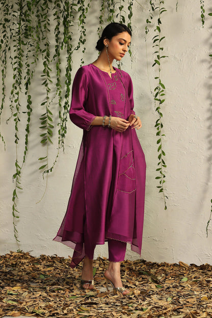 Pink Chanderi Flowy Kurta Set of 3 by Charkhee with Chanderi Silk, Cotton, Embroidered, Evening Wear, Festive Wear, Kurta Pant Sets, Kurta Set with Dupattas, Mulberry by Charkhee, Natural, Organza, Pink, Regular Fit, Solids, Womenswear at Kamakhyaa for sustainable fashion