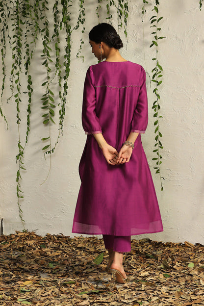 Pink Chanderi Flowy Kurta Set of 3 by Charkhee with Chanderi Silk, Cotton, Embroidered, Evening Wear, Festive Wear, Kurta Pant Sets, Kurta Set with Dupattas, Mulberry by Charkhee, Natural, Organza, Pink, Regular Fit, Solids, Womenswear at Kamakhyaa for sustainable fashion