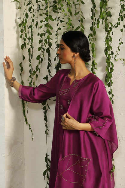 Pink Chanderi Flowy Kurta Set of 3 by Charkhee with Chanderi Silk, Cotton, Embroidered, Evening Wear, Festive Wear, Kurta Pant Sets, Kurta Set with Dupattas, Mulberry by Charkhee, Natural, Organza, Pink, Regular Fit, Solids, Womenswear at Kamakhyaa for sustainable fashion