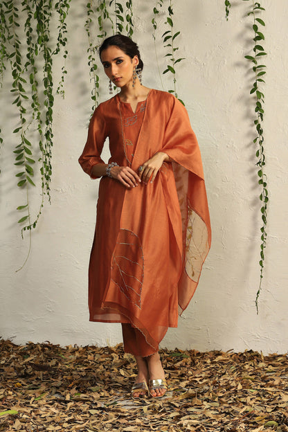 Orange Chanderi Flowy Kurta Set of 3 by Charkhee with Chanderi Silk, Cotton, Embroidered, Evening Wear, Festive Wear, Kurta Pant Sets, Kurta Set with Dupattas, Mulberry by Charkhee, Natural, Orange, Organza, Regular Fit, Solids, Womenswear at Kamakhyaa for sustainable fashion