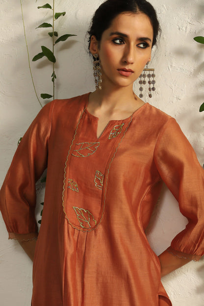 Orange Chanderi Flowy Kurta Set of 3 by Charkhee with Chanderi Silk, Cotton, Embroidered, Evening Wear, Festive Wear, Kurta Pant Sets, Kurta Set with Dupattas, Mulberry by Charkhee, Natural, Orange, Organza, Regular Fit, Solids, Womenswear at Kamakhyaa for sustainable fashion