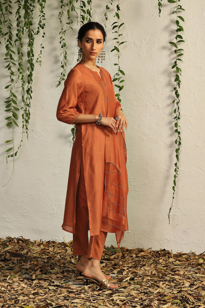 Orange Chanderi Flowy Kurta Set of 3 by Charkhee with Chanderi Silk, Cotton, Embroidered, Evening Wear, Festive Wear, Kurta Pant Sets, Kurta Set with Dupattas, Mulberry by Charkhee, Natural, Orange, Organza, Regular Fit, Solids, Womenswear at Kamakhyaa for sustainable fashion