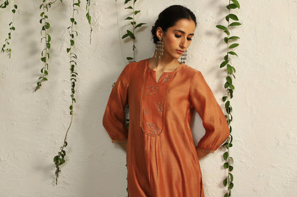 Orange Chanderi Flowy Kurta Set of 3 by Charkhee with Chanderi Silk, Cotton, Embroidered, Evening Wear, Festive Wear, Kurta Pant Sets, Kurta Set with Dupattas, Mulberry by Charkhee, Natural, Orange, Organza, Regular Fit, Solids, Womenswear at Kamakhyaa for sustainable fashion