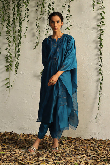 Blue Chanderi Flowy Kurta Set of 3 by Charkhee with Blue, Chanderi Silk, Cotton, Embroidered, Evening Wear, Festive Wear, Kurta Pant Sets, Kurta Set with Dupattas, Mulberry by Charkhee, Natural, Organza, Regular Fit, Solids, Womenswear at Kamakhyaa for sustainable fashion