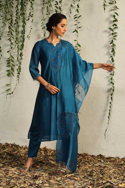 Blue Chanderi Flowy Kurta Set of 3 by Charkhee with Blue, Chanderi Silk, Cotton, Embroidered, Evening Wear, Festive Wear, Kurta Pant Sets, Kurta Set with Dupattas, Mulberry by Charkhee, Natural, Organza, Regular Fit, Solids, Womenswear at Kamakhyaa for sustainable fashion