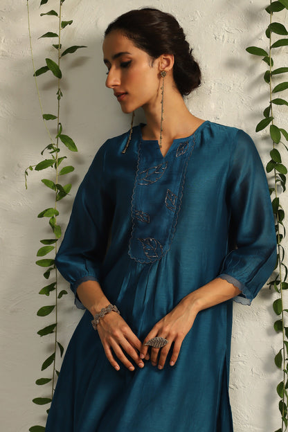 Blue Chanderi Flowy Kurta Set of 3 by Charkhee with Blue, Chanderi Silk, Cotton, Embroidered, Evening Wear, Festive Wear, Kurta Pant Sets, Kurta Set with Dupattas, Mulberry by Charkhee, Natural, Organza, Regular Fit, Solids, Womenswear at Kamakhyaa for sustainable fashion