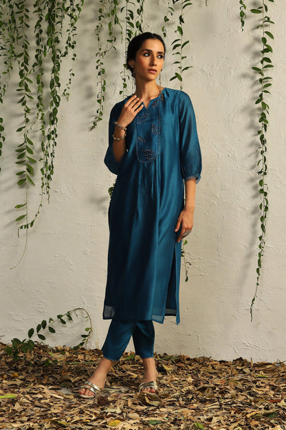 Blue Chanderi Flowy Kurta Set of 3 by Charkhee with Blue, Chanderi Silk, Cotton, Embroidered, Evening Wear, Festive Wear, Kurta Pant Sets, Kurta Set with Dupattas, Mulberry by Charkhee, Natural, Organza, Regular Fit, Solids, Womenswear at Kamakhyaa for sustainable fashion