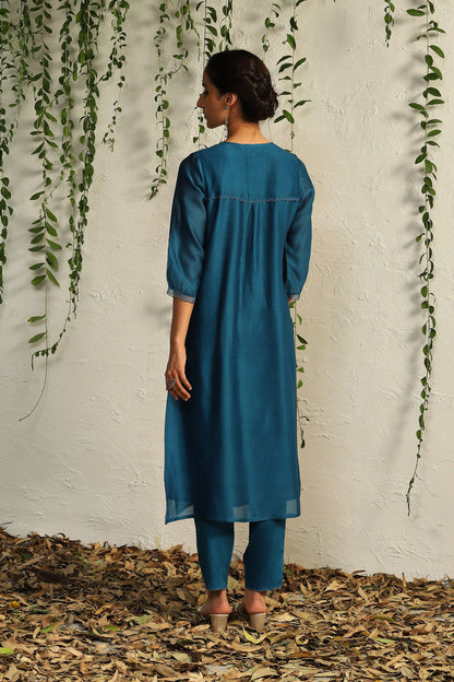 Blue Chanderi Flowy Kurta Set of 3 by Charkhee with Blue, Chanderi Silk, Cotton, Embroidered, Evening Wear, Festive Wear, Kurta Pant Sets, Kurta Set with Dupattas, Mulberry by Charkhee, Natural, Organza, Regular Fit, Solids, Womenswear at Kamakhyaa for sustainable fashion