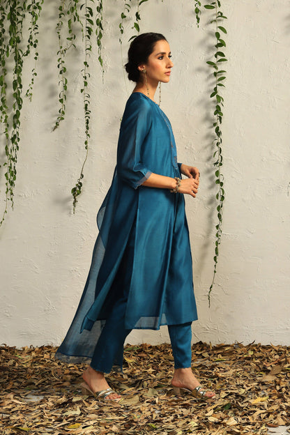 Blue Chanderi Flowy Kurta Set of 3 by Charkhee with Blue, Chanderi Silk, Cotton, Embroidered, Evening Wear, Festive Wear, Kurta Pant Sets, Kurta Set with Dupattas, Mulberry by Charkhee, Natural, Organza, Regular Fit, Solids, Womenswear at Kamakhyaa for sustainable fashion