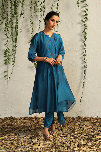 Blue Chanderi Flowy Kurta Set of 3 by Charkhee with Blue, Chanderi Silk, Cotton, Embroidered, Evening Wear, Festive Wear, Kurta Pant Sets, Kurta Set with Dupattas, Mulberry by Charkhee, Natural, Organza, Regular Fit, Solids, Womenswear at Kamakhyaa for sustainable fashion