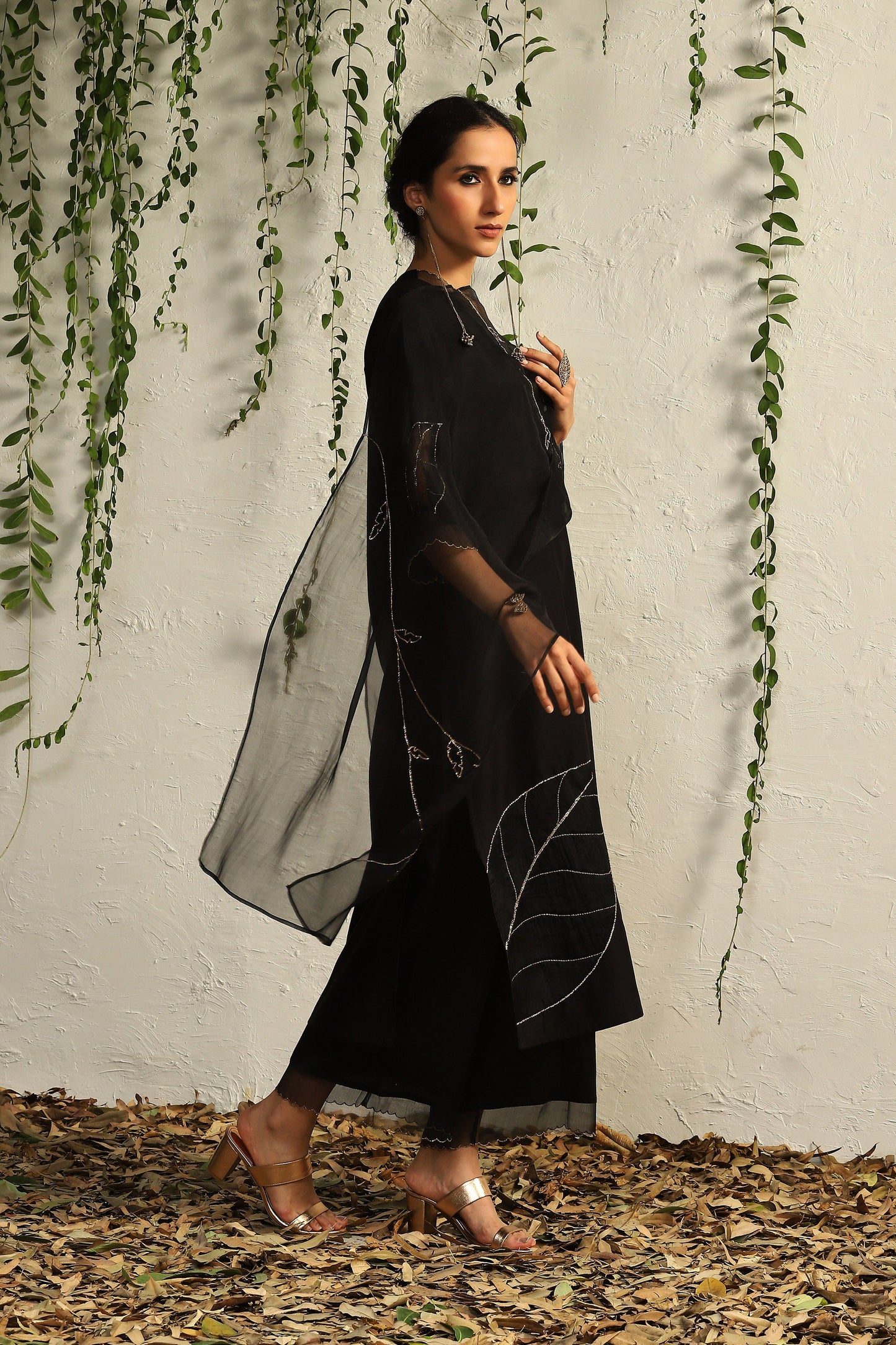 Black Chanderi Straight Kurta Set Of 3 by Charkhee with Black, Chanderi Silk, Cotton, Embroidered, Evening Wear, Festive Wear, Kurta Pant Sets, Kurta Set with Dupattas, Mulberry by Charkhee, Natural, Organza, Regular Fit, Solids, Womenswear at Kamakhyaa for sustainable fashion