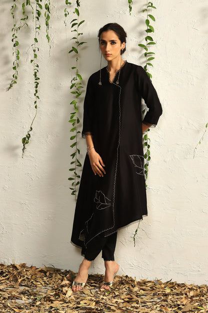 Black Chanderi Asymmetrical Kurta Set of 3 by Charkhee with Black, Chanderi Silk, Cotton, Embroidered, Evening Wear, Festive Wear, Kurta Pant Sets, Kurta Set with Dupattas, Mulberry by Charkhee, Natural, Organza, Regular Fit, Solids, Womenswear at Kamakhyaa for sustainable fashion