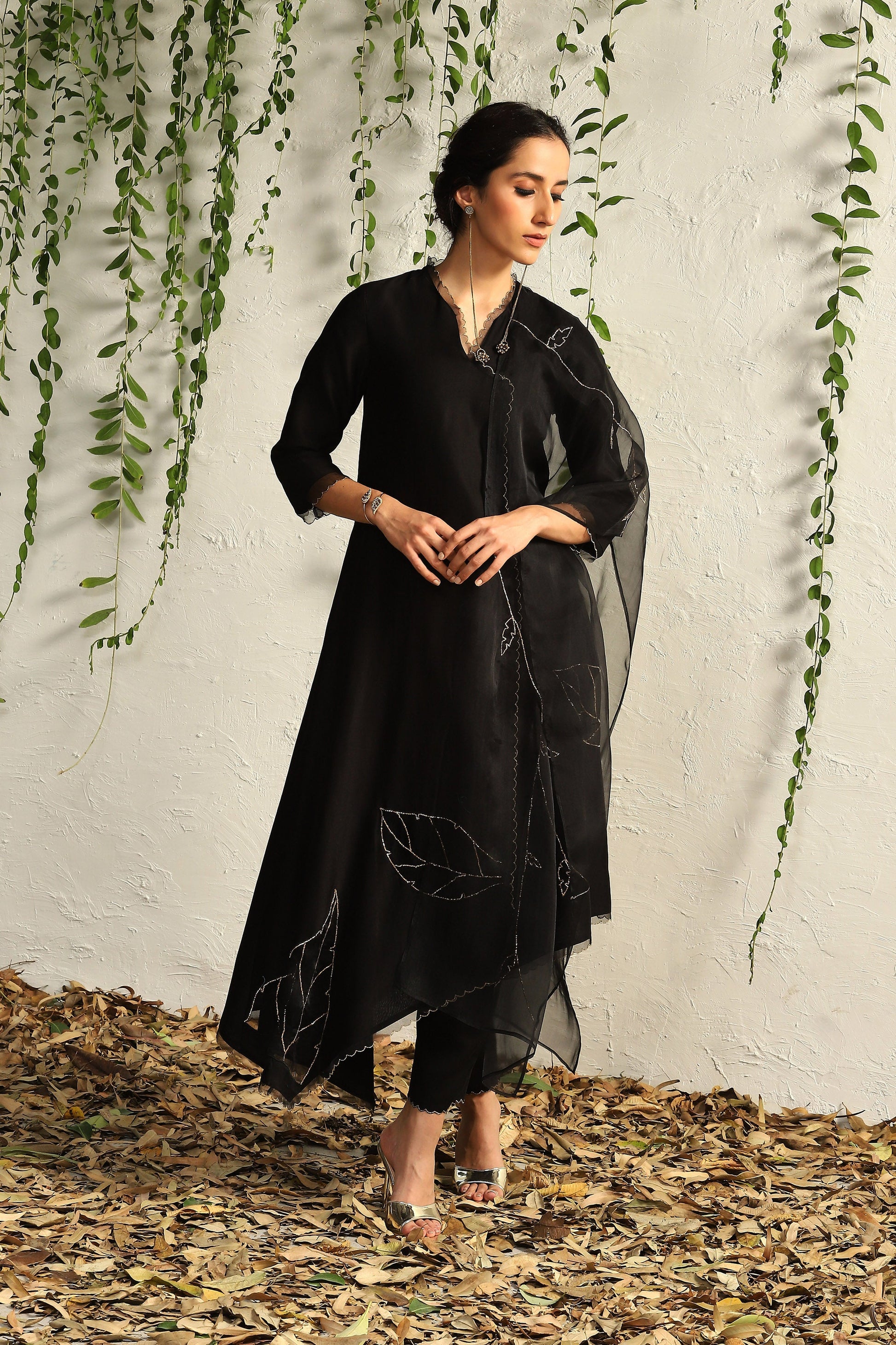 Black Chanderi Asymmetrical Kurta Set of 3 by Charkhee with Black, Chanderi Silk, Cotton, Embroidered, Evening Wear, Festive Wear, Kurta Pant Sets, Kurta Set with Dupattas, Mulberry by Charkhee, Natural, Organza, Regular Fit, Solids, Womenswear at Kamakhyaa for sustainable fashion