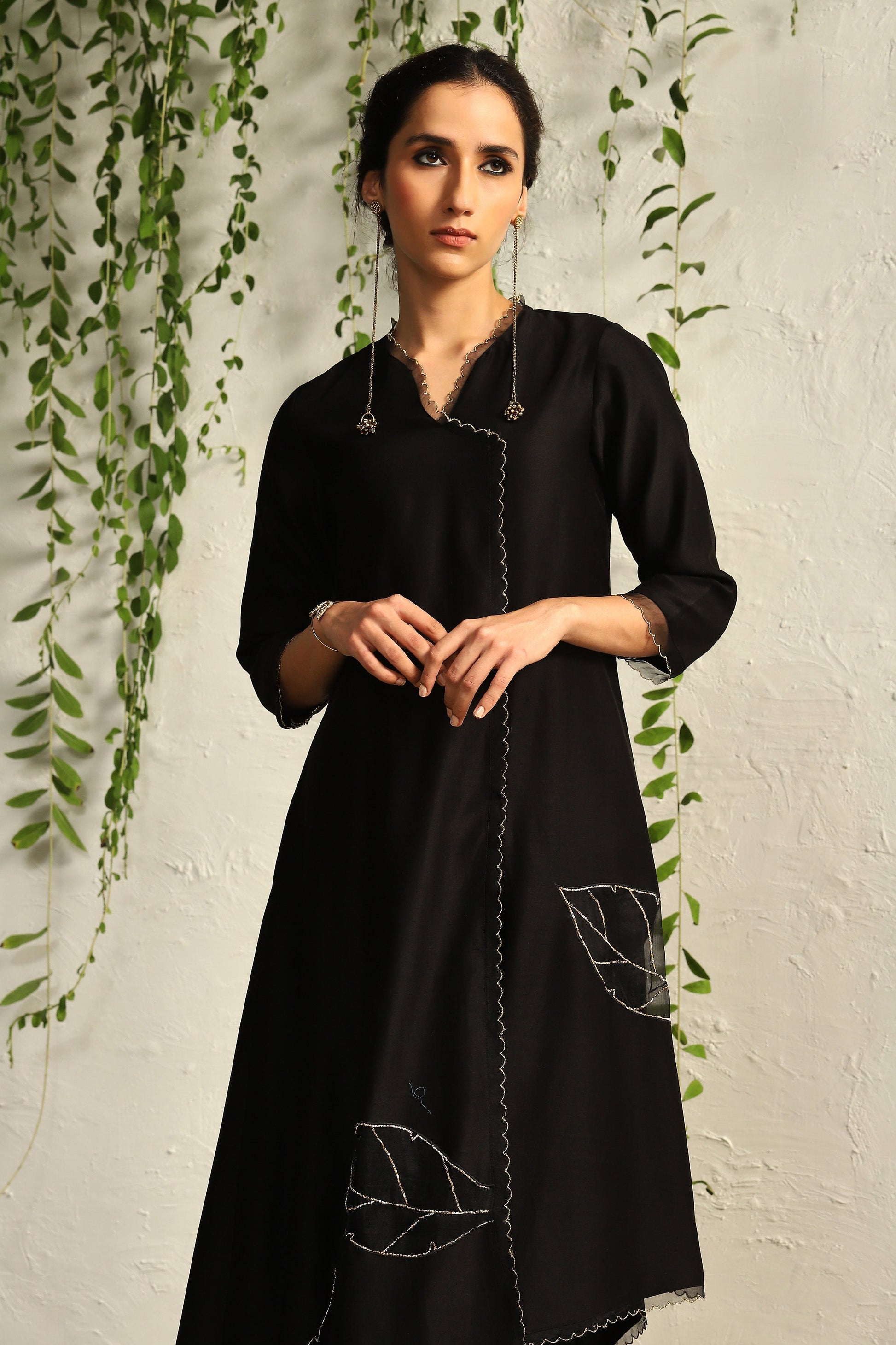 Black Chanderi Asymmetrical Kurta Set of 3 by Charkhee with Black, Chanderi Silk, Cotton, Embroidered, Evening Wear, Festive Wear, Kurta Pant Sets, Kurta Set with Dupattas, Mulberry by Charkhee, Natural, Organza, Regular Fit, Solids, Womenswear at Kamakhyaa for sustainable fashion