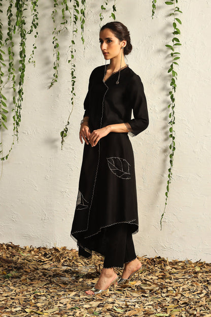 Black Chanderi Asymmetrical Kurta Set of 3 by Charkhee with Black, Chanderi Silk, Cotton, Embroidered, Evening Wear, Festive Wear, Kurta Pant Sets, Kurta Set with Dupattas, Mulberry by Charkhee, Natural, Organza, Regular Fit, Solids, Womenswear at Kamakhyaa for sustainable fashion