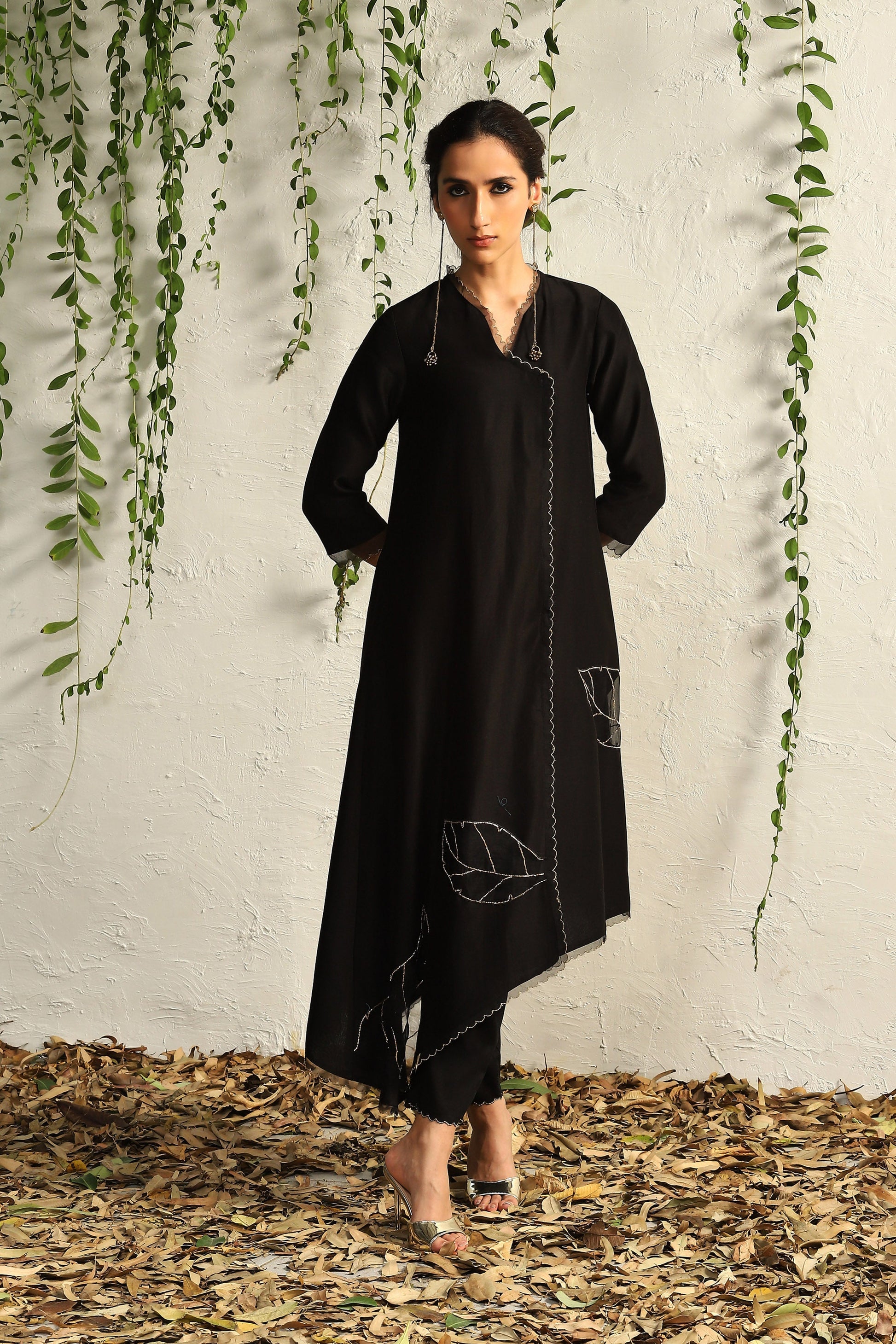 Black Chanderi Asymmetrical Kurta Set of 3 by Charkhee with Black, Chanderi Silk, Cotton, Embroidered, Evening Wear, Festive Wear, Kurta Pant Sets, Kurta Set with Dupattas, Mulberry by Charkhee, Natural, Organza, Regular Fit, Solids, Womenswear at Kamakhyaa for sustainable fashion